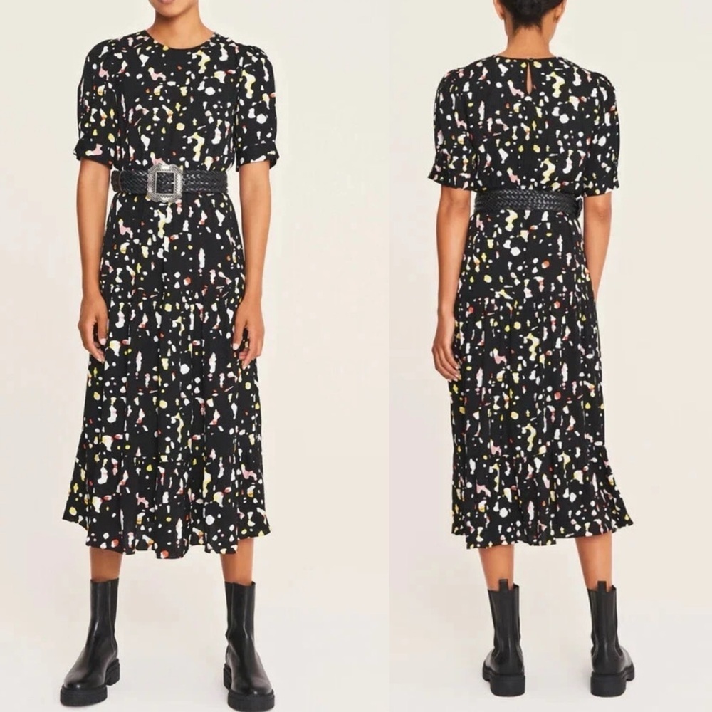 Ba&sh Tonya Gathered‎ Printed Satin-Jacquard Midi Dress In Black Size 0 US XS